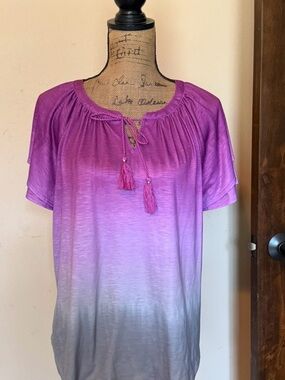 Allison Daley Pink to Gray Ombre Tassel Tie Short Sleeve Top